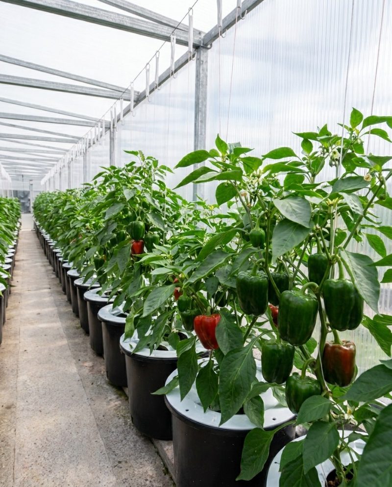 Bell pepper plants in the Sora Farms greenhouse