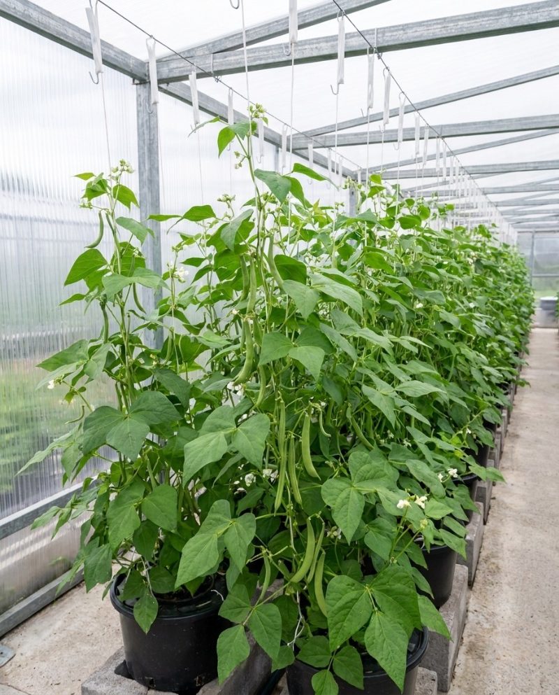 Green bean plants climbing supports in the Sora Farms greenhouse