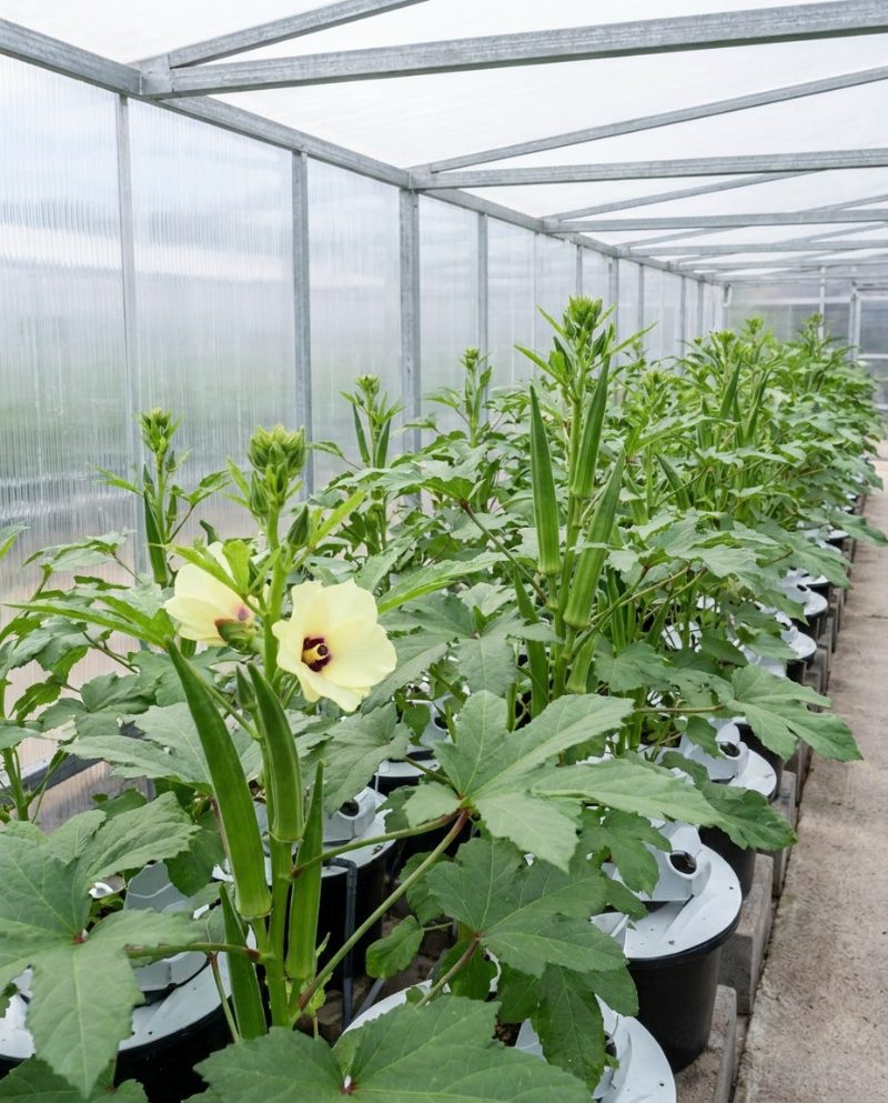Lady fingers (okra) plants in the Sora Farms greenhouse
