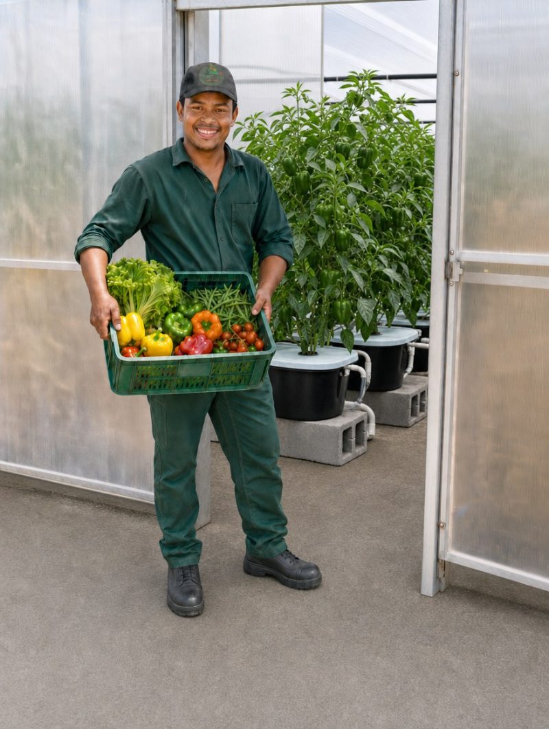 Sora Farms worker with a crate of freshly harvested produce